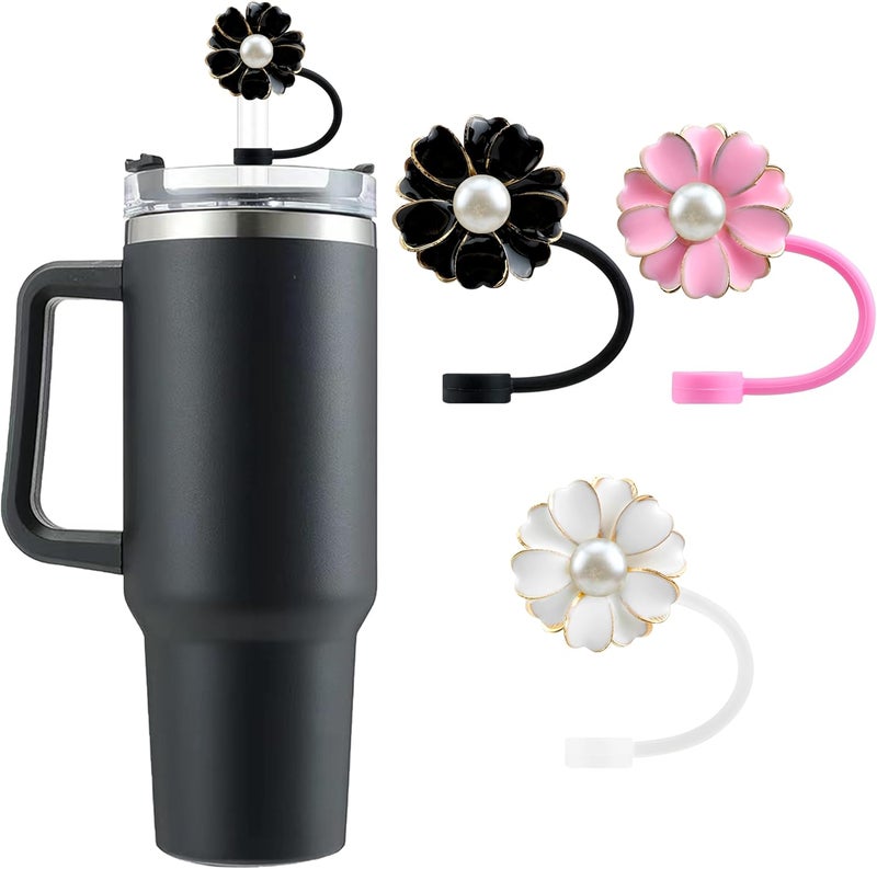 SEMATA 3 Pcs Flower Straw Covers Cute Pearl Silicone 10mm Straw Toppers Cute Straws Cover Caps for Stanley Cup Accessories Compatible with Stanley 30/40 oz Tumblers - Image 1